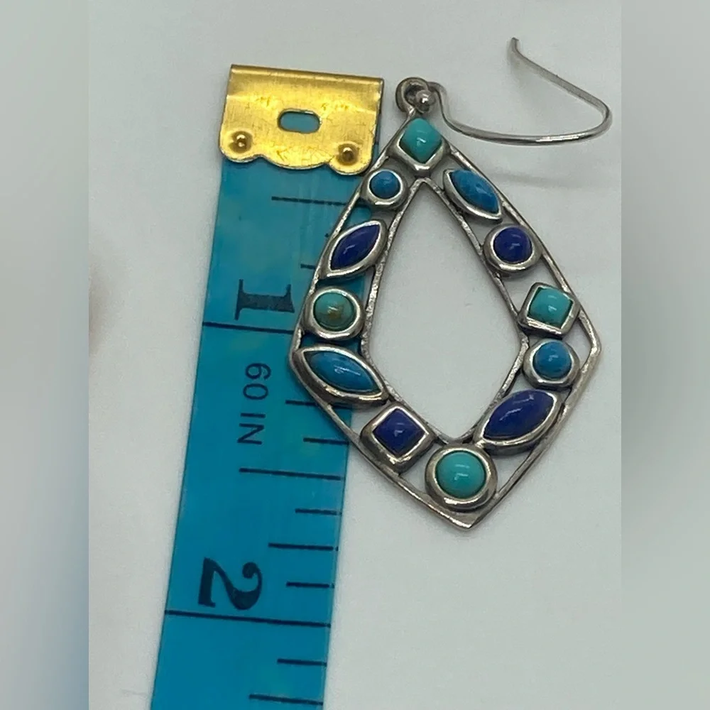 Vtg 925 Sterling Silver & Multi Colour Blue Turqouise Dangle Earrings | 2.2” - Picture 12 of 13
